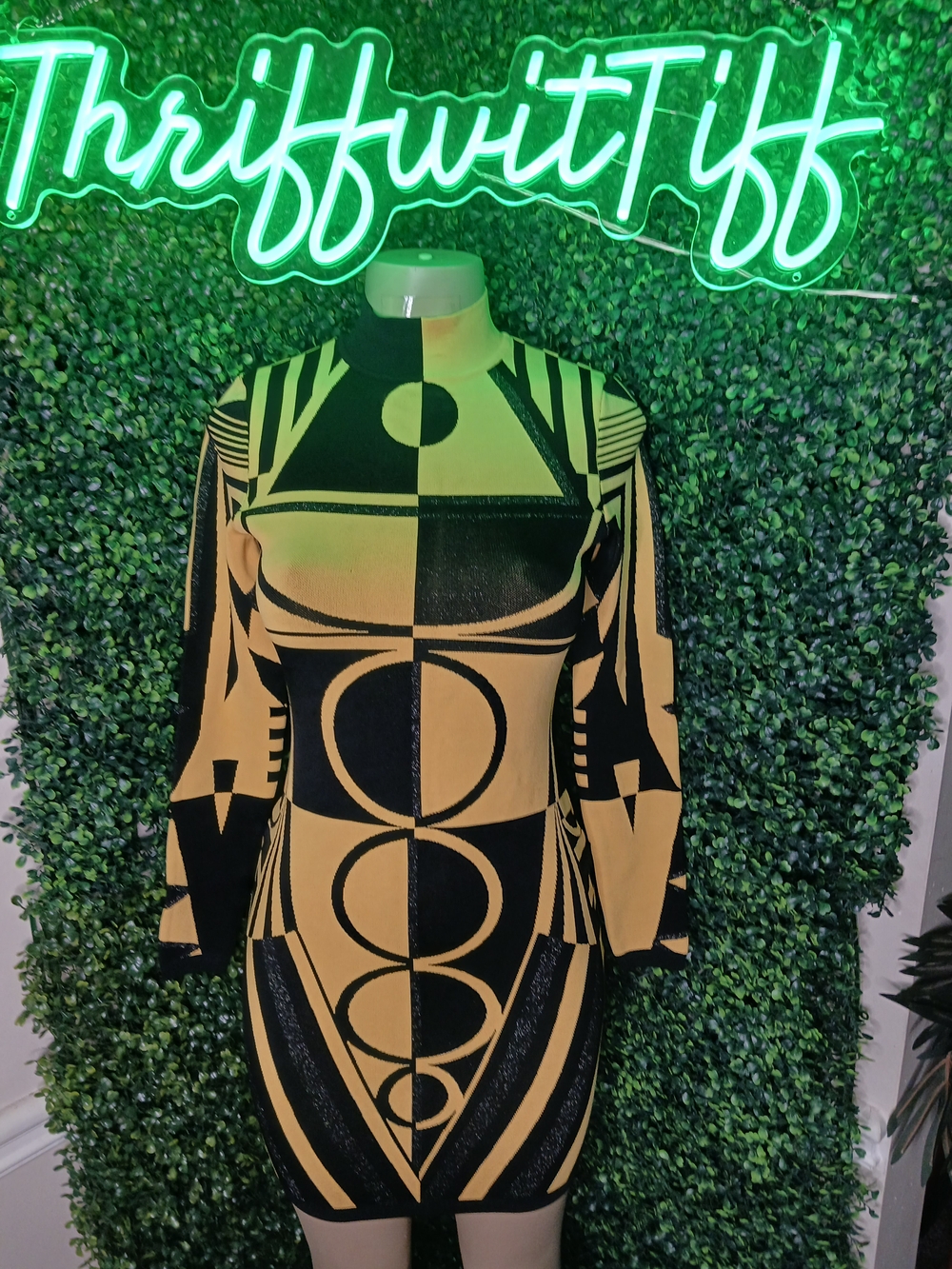 Geometric Black & Mustard Bodycon Dress